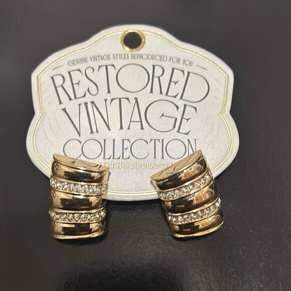 Anthropologie Restored Vintage Crystal Encrusted Curved Earrings 14K Gold Plate - Picture 2 of 8
